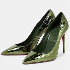 Brand New In Box! Size 39.5 One Of Christian Louboutin's Most Iconic Creations, The Kate Pumps Are Designed To Enhance The Foot's Sensual Arch. The Metallic, Croc-Effect Uppers Are Crafted From Leather And Shaped To A Pointed-Toe Silhouette, Balanced On A Stiletto Heel. Green Pointed Toe Luxury Heels, Luxury Green Pointed Toe Heels, Green Patent Leather Luxury Heels, Luxury Green Patent Leather Heels, Green Luxury Patent Leather Heels, Louboutin Kate, Christian Louboutin Kate, Louboutin Shoes, Leather Pumps