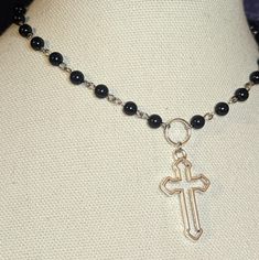 Large Cross Pendant Choker Necklace. Made With Black Glass Beads & Finished With Chain In The Back. Measures Approximately 14 Inches. Has A Lobster Clasp And 1.5 Inch Extension Chain. #Rosary #Choker #Cross #Goth #Grungeoutfit Nickel Free Black Beaded Necklaces, Silver Cross Jewelry With Black Beads, Diy Cross Necklace, Nickel-free Black Beaded Necklace As Gift, Rosary Choker, Nickel-free Black Beaded Necklace Gift, Nickel-free Black Beaded Necklace For Gift, Nickel-free Black Beaded Necklaces With Round Beads, Rosary Ideas