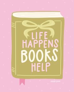 a book with the words life happens books help on it and a bow around its neck