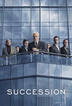 a group of men standing on top of a tall building with the words succession in front of them