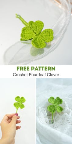 crochet four leaf clover is shown in three different photos