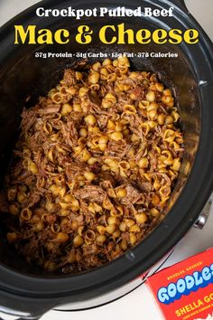 the crockpot pulled beef mac and cheese is ready to be cooked in the slow cooker