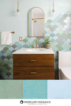 Bring a refined coastal aesthetic into your bathroom with our handmade large fish scale tiles in a soft, organic palette.   This blend of Old Copper, Blue Bell, and My Blue Heaven creates a serene backdrop that balances timeless craftsmanship with contemporary elegance.   Ideal for a thoughtfully planned home renovation, this look offers a sophisticated take on coastal interiors with enduring style.   Interior Design by @Moonstone.MN   #BathroomDesignInspiration #FishScaleTile #CoastalElegance #HomeRenovationIdeas Scale Bathroom Tile, Tile Behind Tub, Fish Scale Bathroom, Ceramic Bathroom Tile, Fish Scale Tile Bathroom, Copper Interior Design, Fish Scale Tiles, Bathroom Shower Floor