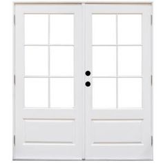 two white double doors with glass on each side and the top half opened to reveal a window