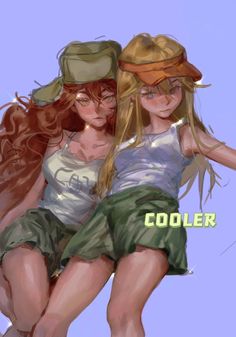 two girls in hats and green shorts are posing for the camera with their arms around each other