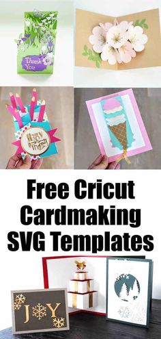 some cards with the words free cricut cardmaking svg templates on them