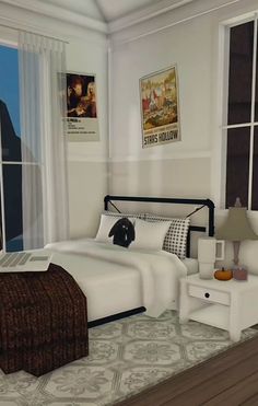 a bedroom scene with focus on the bed and nightstands in front of two windows