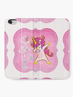 a pink phone case with an unicorn on it