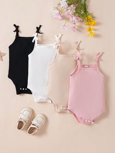 Multicolor  Collar Sleeveless Cotton Plain Cami Embellished Slight Stretch  Baby Girls Clothing Woman Costumes, Cami Bodysuit, Baby Doll Clothes, Girl Onesies, Bow Knot, Sleeveless Bodysuit, Kids Sleepwear, Casual Girl