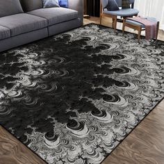 a black and white rug in a living room