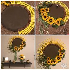 sunflowers are arranged around a mirror to make it look like they have been made out of sticks