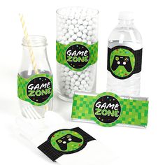 game zone party supplies including candy and water bottles