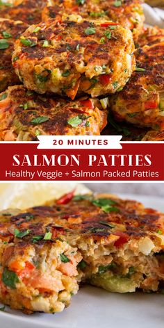 salmon patties are stacked on top of each other and ready to be eaten for lunch