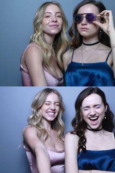 two women are posing for the camera and one is laughing