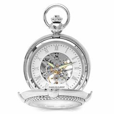 PRODUCT DESCRIPTIONThis unique Charles Hubert pocket watch is designed in elegant polished silver, with viewing windows on front and back to see the inner 17-jewel mechanism, numerals and hands. The interior has a white dial with silver Roman numerals and luminescent hands, The pocket watch comes with a 12" matching chain, and has an attached desk stand to display on a desk or bedside table.This artistically-crafted pocket watch comes in a signature Charles Hubert gift box.PRODUCT INFORMATIONPol Timeless Self-winding Pocket Watch With Round Dial, Luxury Polished Pocket Watch For Anniversary, Elegant Formal Pocket Watch With Skeleton Dial, Elegant White Pocket Watch With Chronometer, Elegant Self-winding Pocket Watch With Round Dial, Luxury Anniversary Pocket Watch With Polished Finish, Elegant Self-winding Pocket Watch, Timeless Pocket Watch For Anniversary, Elegant White Pocket Watch For Formal Events