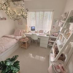 a bedroom with a bed, desk and shelves on the wall next to a window