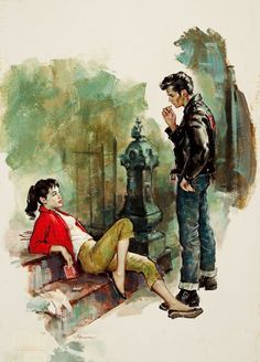 a man standing next to a woman sitting on a bench