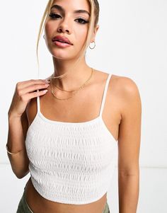 Top by Pull&Bear Short and sweet Shirred design Scoop neck Cropped length Slim fit Strappy Crop Top, Short And Sweet, Pull & Bear, White Shop, White Style, Body Fit, Spring Wedding, Scoop Neck, Asos