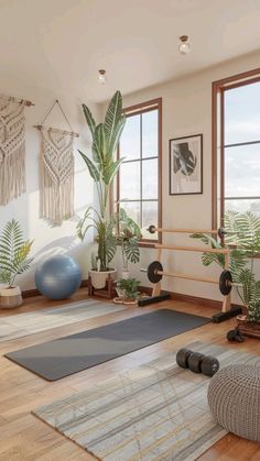 a room with yoga mats, exercise balls and potted plants