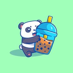 a panda bear holding a drink in its hand