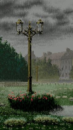 a pixellated image of a lamp post in the middle of a field with flowers