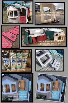 several pictures of different types of outdoor furniture and accessories in various stages of construction, including an outhouse