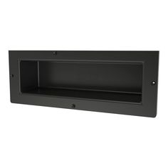 an empty black wall mounted shelf on a white background