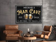 a man cave sign with two mugs of beer in front of a leather chair