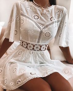 Take a breath and enjoy a balmy day in your backyard in our Agustina Dress White. #wfh #casual #lace #lacedress #whitedress #casual #backlessdress White Floral Embroidery, Chique Outfit, Floral Embroidery Dress, White Embroidered Dress, Embroidery Cotton, Backless Mini Dress, Autumn Dress, Necklines For Dresses, Embroidery Dress