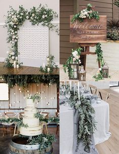 the wedding cake is decorated with greenery and flowers