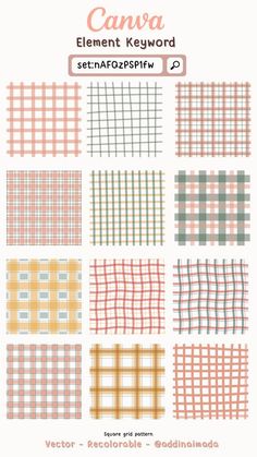 a set of plaid patterns in different colors and sizes, with the text canva element key