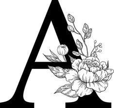 the letter with flowers and leaves on it is shown in black and white, as well as