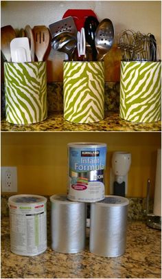 the kitchen counter is full of utensils and other items