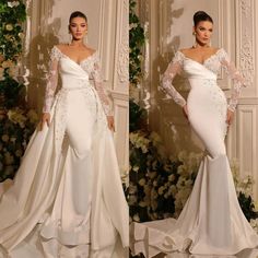 two photos of the same woman in wedding dresses, one is wearing a long sleeved gown