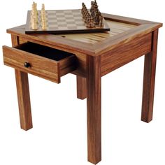 a wooden table with two chess pieces on it and a drawer under the top that is open