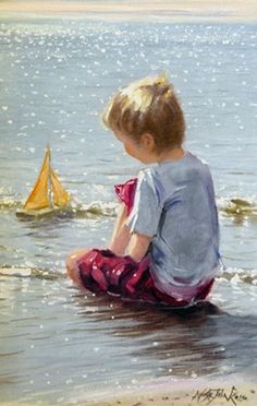 a painting of a little boy sitting on the beach with a sailboat in the water