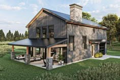 an artist's rendering of a modern farmhouse style home with a porch and covered patio