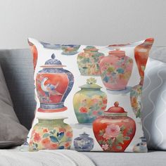 colorful vases with flowers and birds on them throw pillow