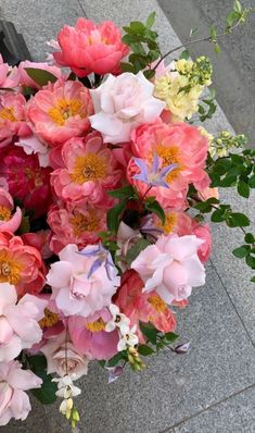 a bunch of flowers that are sitting on the ground in front of a sidewalk with concrete