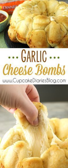 Garlic Cheese Bombs - Pizza night just got even more fun! These are the perfect side dish for pizza and pasta, or any meal. Pizza Side Dishes, Garlic Cheese, Snacks Für Party, Milkshakes, Tortellini, Meatloaf, I Love Food, Appetizer Snacks, Cooking And Baking