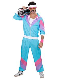 a man in blue and pink jumpsuits holding a boombox on his shoulder