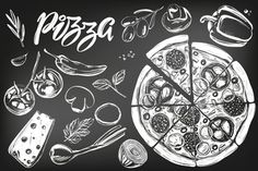 hand drawn pizza and ingredients on chalkboard