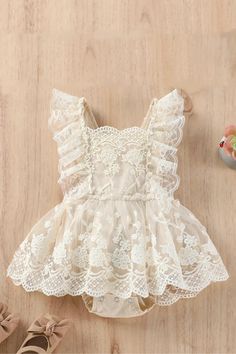 Season: Summer Pattern Type: Solid Material: Cotton Item Type: Rompers Gender: Baby Girls Department Name: Baby Collar: Square Collar Closure Type: Covered Button Age Range: 0-6m,7-12m,13-24m Embroidery Skirt, Beige Outfit, Girls Sweet, Lace Romper, Romper Dress