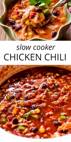 slow cooker chicken chili in a white bowl with the title above it and an image of