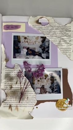 an open book with pictures and flowers on the pages, in front of a torn piece of paper