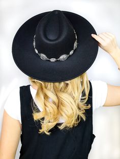 Model is wearing a black hat with a silver coin chain band. Elegant Black Hat Band For Festival, Elegant Black Felt Hat For Festivals, Elegant Felt Hat For Festivals, Black Elegant Festival Hats, Elegant Black Festival Hats, Black Wide Brim Hat, Short Denim Skirt, Worth The Wait, Silver Coin