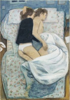 a painting of two people sitting on a bed