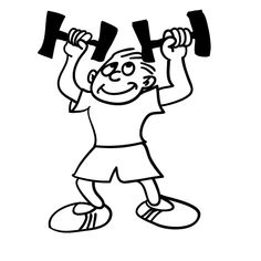 a black and white drawing of a boy lifting two dumbbells over his head