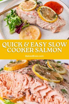 salmon with lemons, lettuce and tomatoes on the side is shown in this recipe