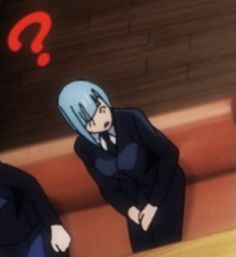 two anime characters sitting on the floor with question marks above them